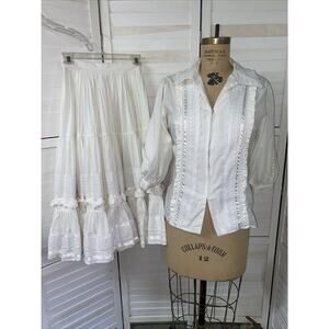Vintage 2 Piece White Mexican Peasant Wedding Dress Lace Trim Collar Sz Small